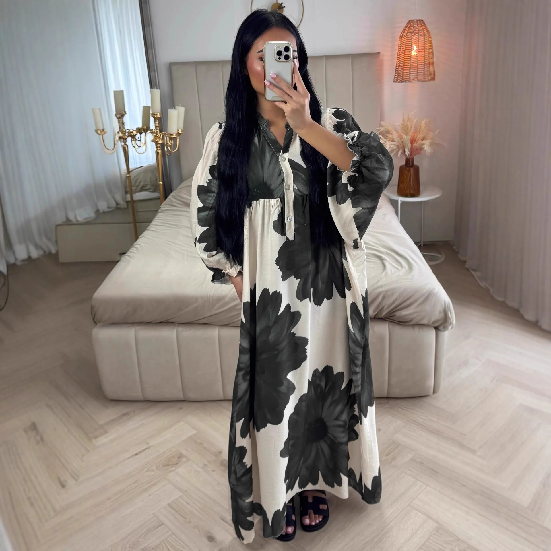 여성 봄 가을 보헤미안 드레스 새로운 패션 루즈핏 긴팔 플로럴 프린트 버튼 맥시 롱 드레스 여성용 로브