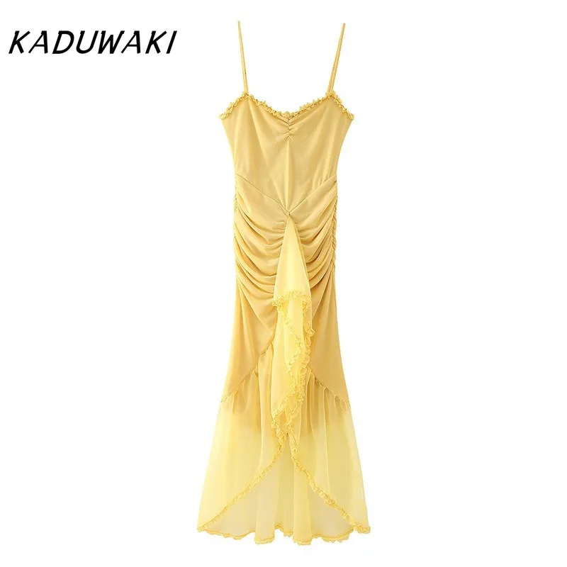 KADUWAKI Sexy Irregular Ruffles Sling Dress Women Pleated Square Collar Sleeveless Long Dresses Spring Lady Solid Party Vestidos