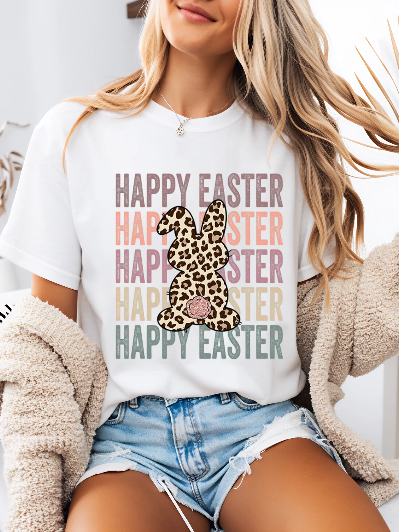 

Leopard Bunny Happy Easter Print t Shirt Easter Women Casual Outfit White Plus-Size