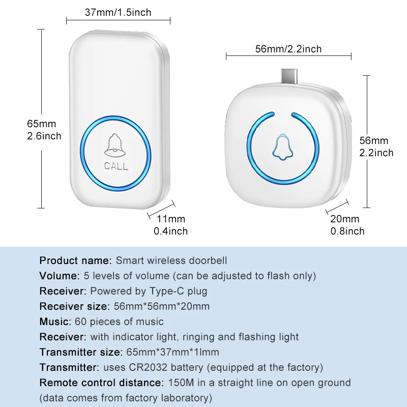 MINI Wireless Smart Doorbell Home Welcome Door Bell 150M/492 FT Remote 60 Songs Type-C Wireless Doorbell For Office Factory Shop