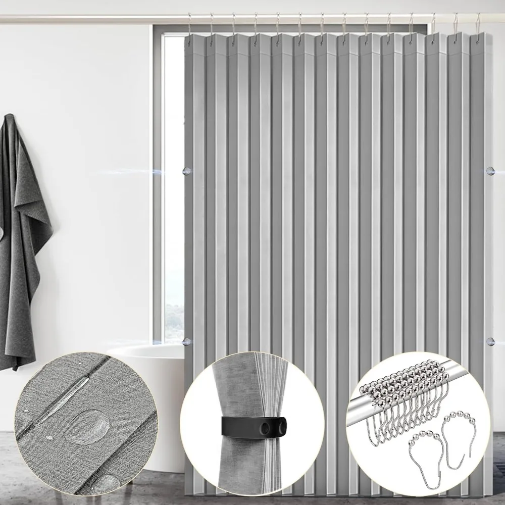 

Waterproof Shower Curtain, Heavy Duty Magnetic Folding Linen Shower Curtains, 72x80 Magnetic Fabric Bathroom Curtain Sets