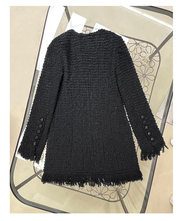 Brand New 2023 Autumn Winter Chic Women High Quality Vintage Tassels Elegant Black Tweed Coat F277