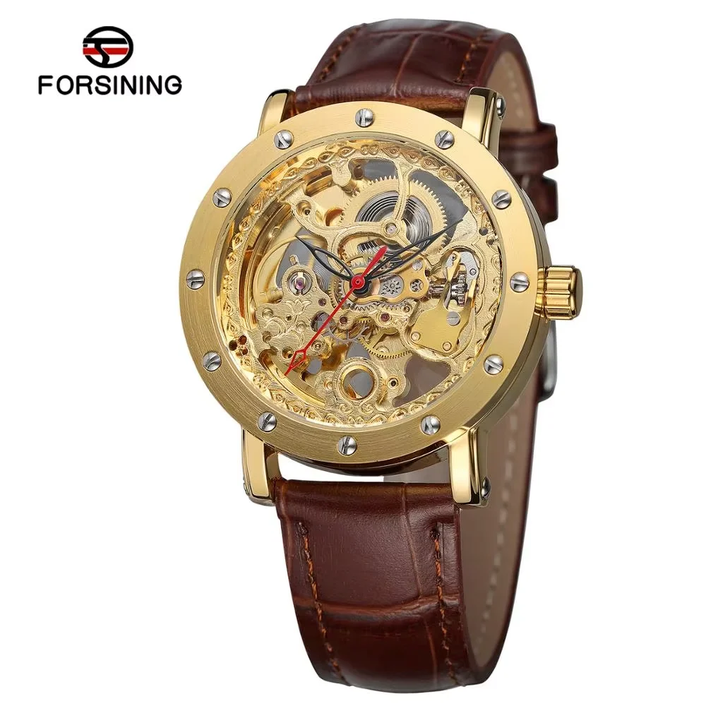 FORSINING Mechanical watch With circular hollow nail scale Mechanical watch gold wrist watch