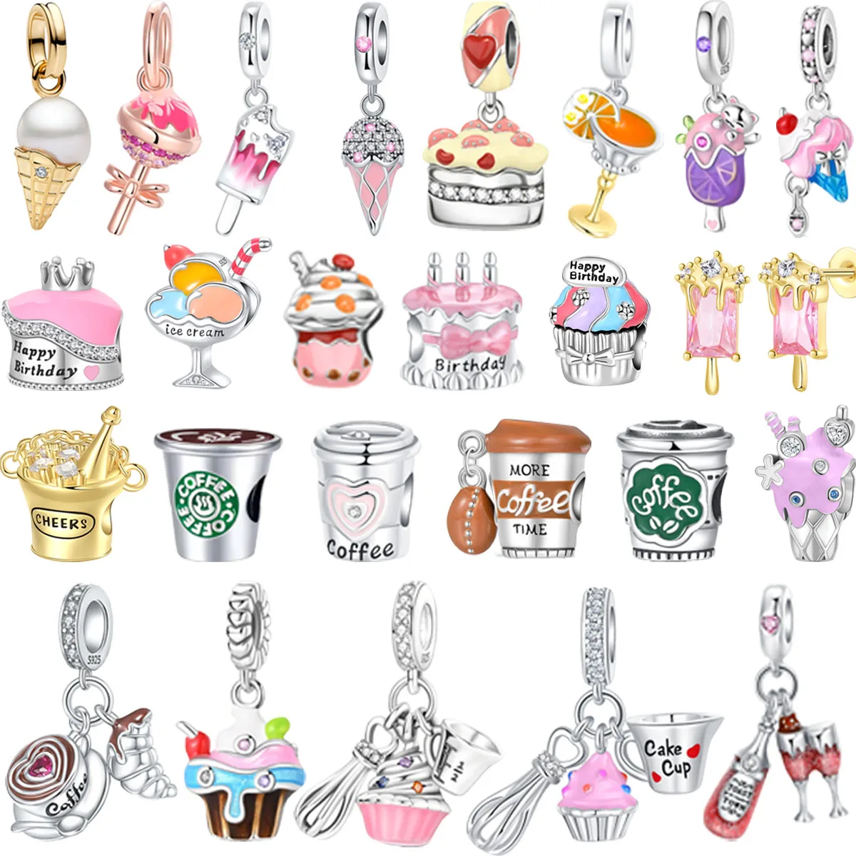 Original 925 Sterling Silver Charms Cake Ice Cream CoffeeLiquor Beads Pendant Bracelets Necklaces Womens DIY Jewelry Gift