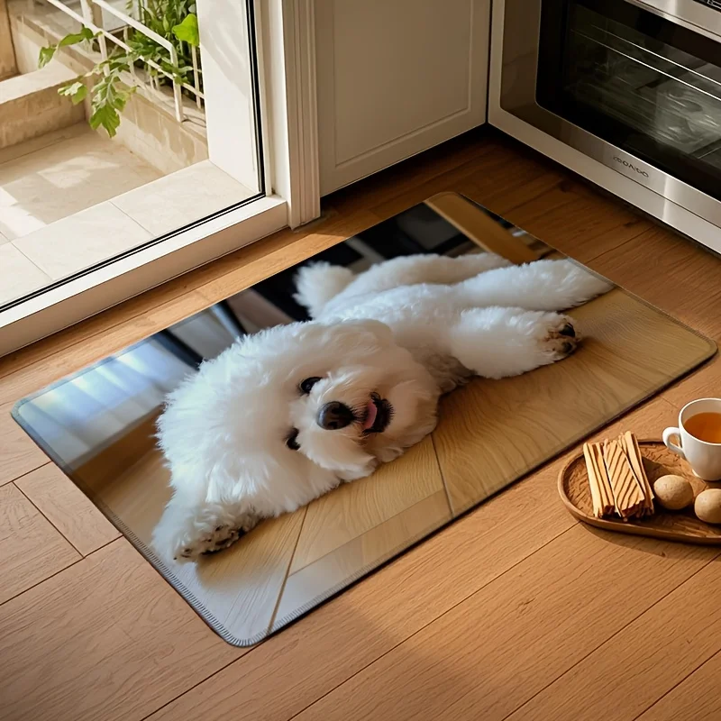 Cute White Dog Doormat, Fluffy Puppy Lying Rug, Pet Lover Welcome Mat, Non-Slip Entryway Carpet, Cozy Home Floor Decor
