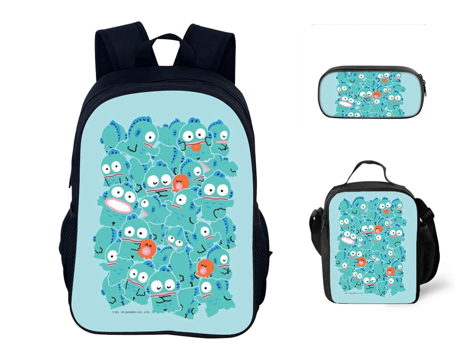 Sanrio Hangyodon Casual Backpack+Insulated Lunch Tote+Pencil Box 3Pcs Set-Kids Back to School Lightweight Bookbag