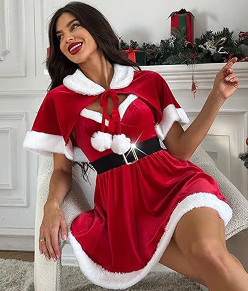 سانتا كلوز زي ملابس عيد الميلاد للنساء فستان عيد الميلاد الأحمر المثير مع كيب 2 قطعة زي سانتا المخملي عيد الميلاد بيبي دول فروي #6