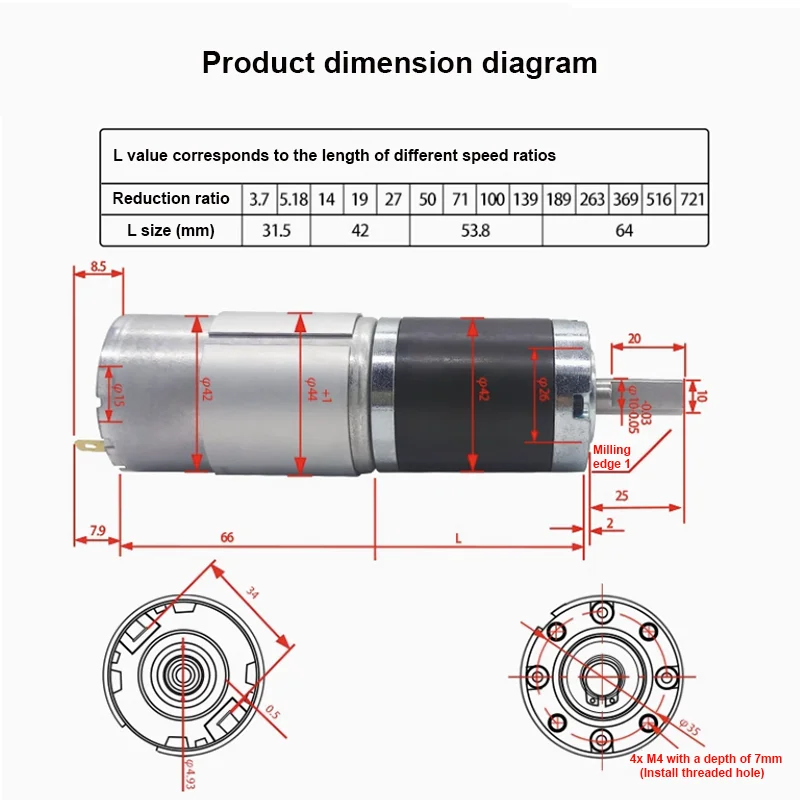 Max 200KG 42GP-775 Metal Planetary Geared DC Motor 12V~24V/1351RPM~7RPM High Torque and Forward/Reverse PWM Speed Regulation