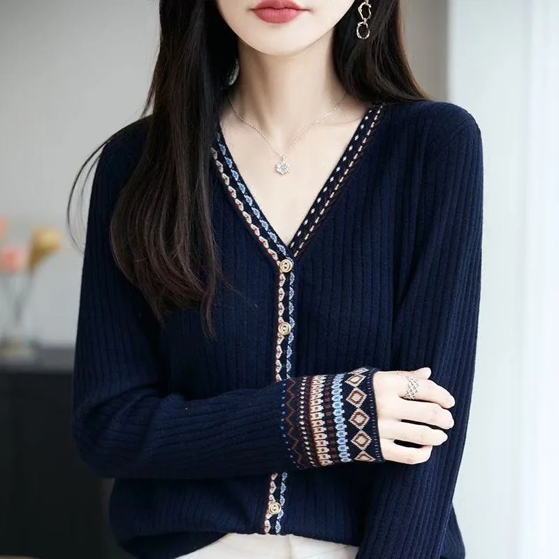 جديد طويل الأكمام محبوك سترة المرأة بالأزرار عادية الخامس الرقبة متماسكة سترة سترة المرأة بلايز Sueter Feminino تريكو Q1639 #4