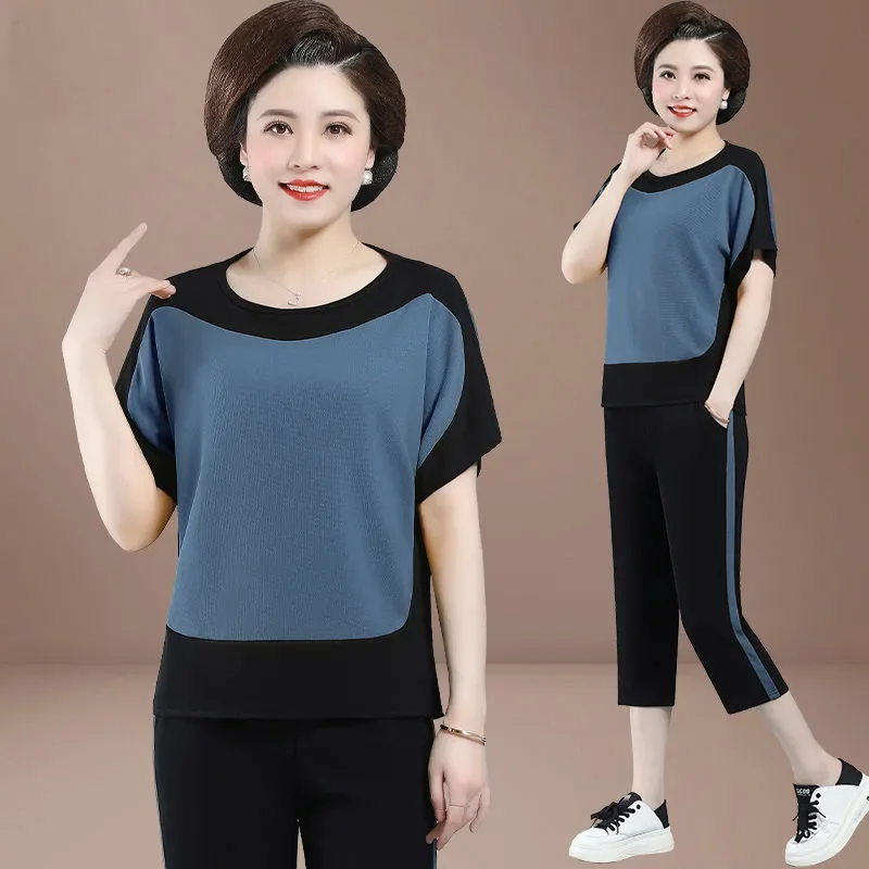 

Women's Summer Two Piece Set Color Block Top and 7-Piece Pants Casual Sportswear