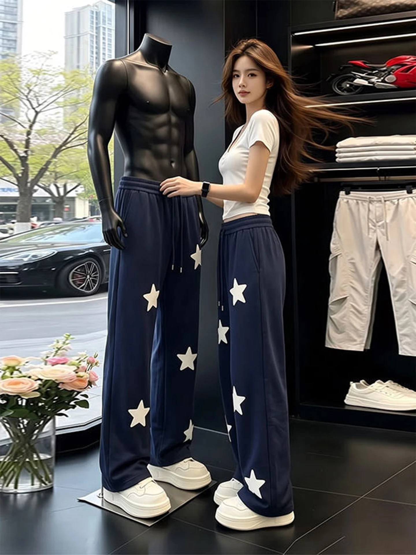 American Style Star Towel Embroidery Men's Sweatpants Loose Straight Leg Sporty Pants Casual Long Trousers Autumn Wear