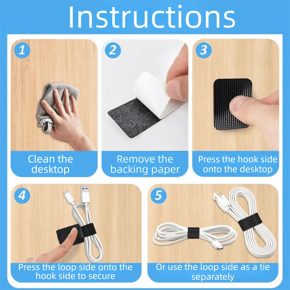 41Pcs Under Desk Cable Management Band Set Hidden Adjustable Data Cable Storage Tangle-Free Hook and Loop Tape Cord Organizer