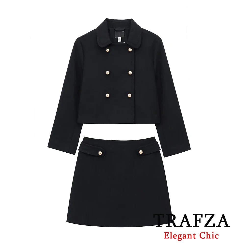 

TRAFZA Women Elegant Blazer Skirt Set Slim Double-breasted Blazer+Low Waist Skirt New 2025 Spring Fall Y2K Vintage Skirt Set