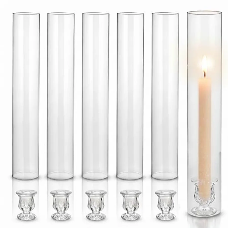 

Hurricane Glass Candle Holders-Set of 6 Tall Taper Candle Holder with 12" Tall Clear Cylinder Covers for Wedding Table Centerpi
