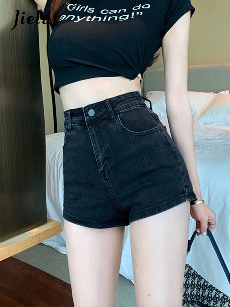 Jielur White Jean Shorts Women Summer High Waisted Solid Hot Short Jeans Ladies Korean Elastic High Waist Denim Shorts Women