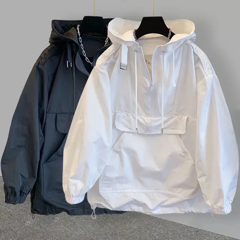 

2025 New Trendy Korean Style Jacketsuit Loose-fit Hooded Trench Coat Fashionable Spliced Design Jacket Spring Windbreaker Tops