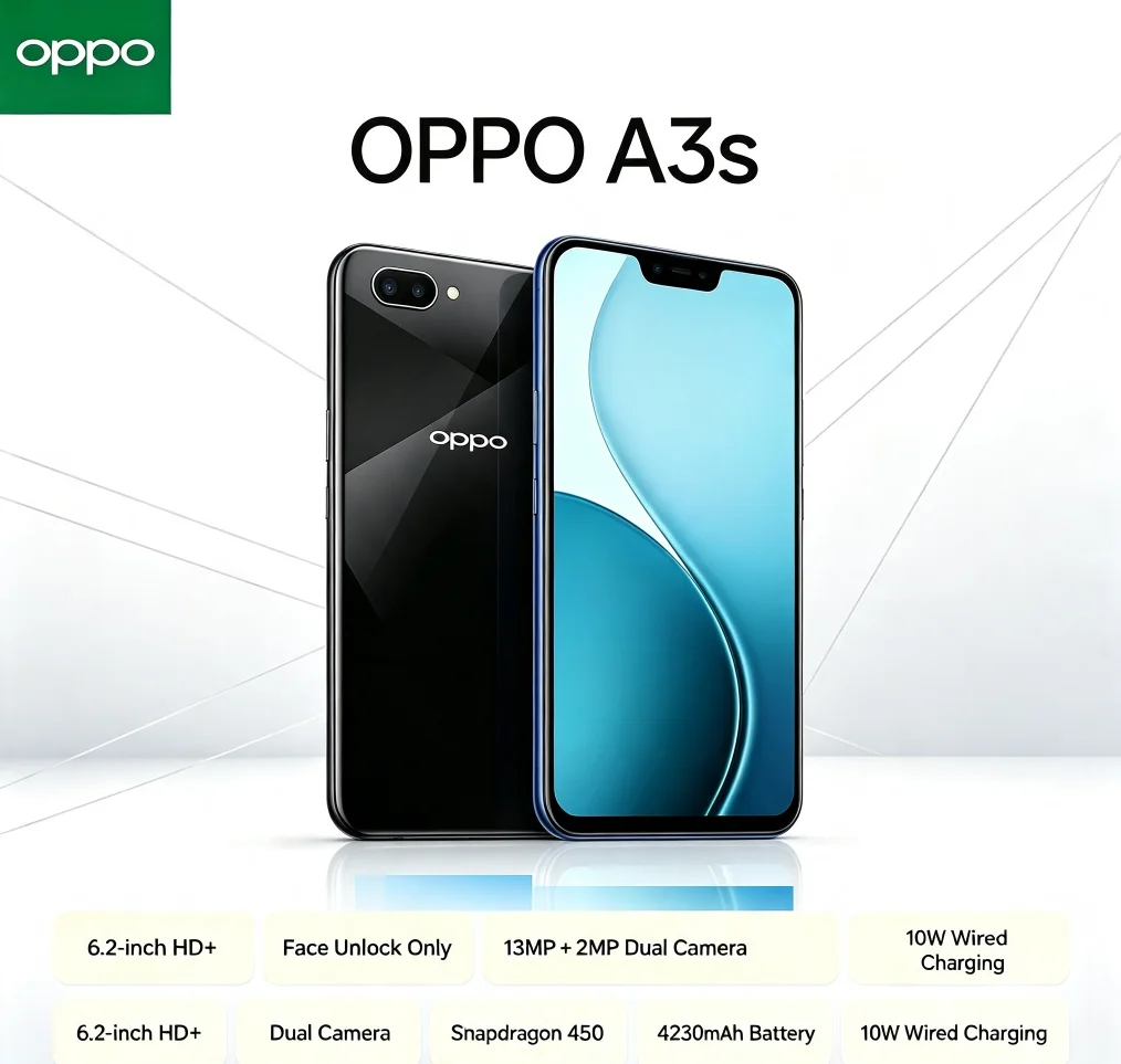 2026 New Arrival OPPO A3s 5G Smartphone 8GB RAM 256GB ROM Dual SIM Card 6.2'' HD+ Display MediaTek Helio P35 Chip AI Camera Long