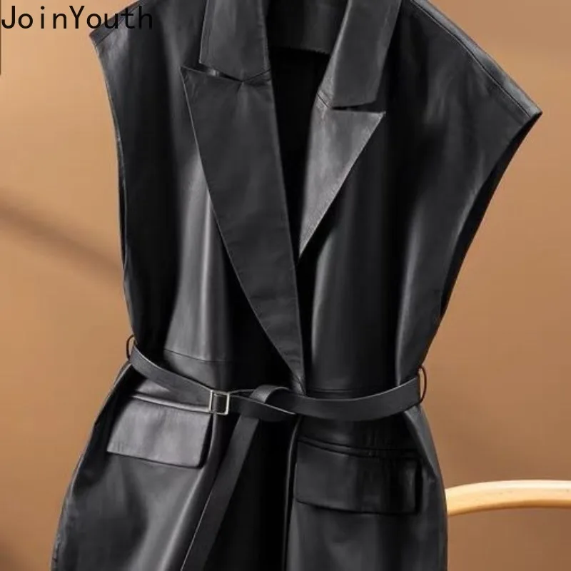 Sleeveless Cardigan Women Clothing Tailored Collar Bandage Tunic Black Korean Waistcoat Vintage Chic PU Temperament Tanks Tops