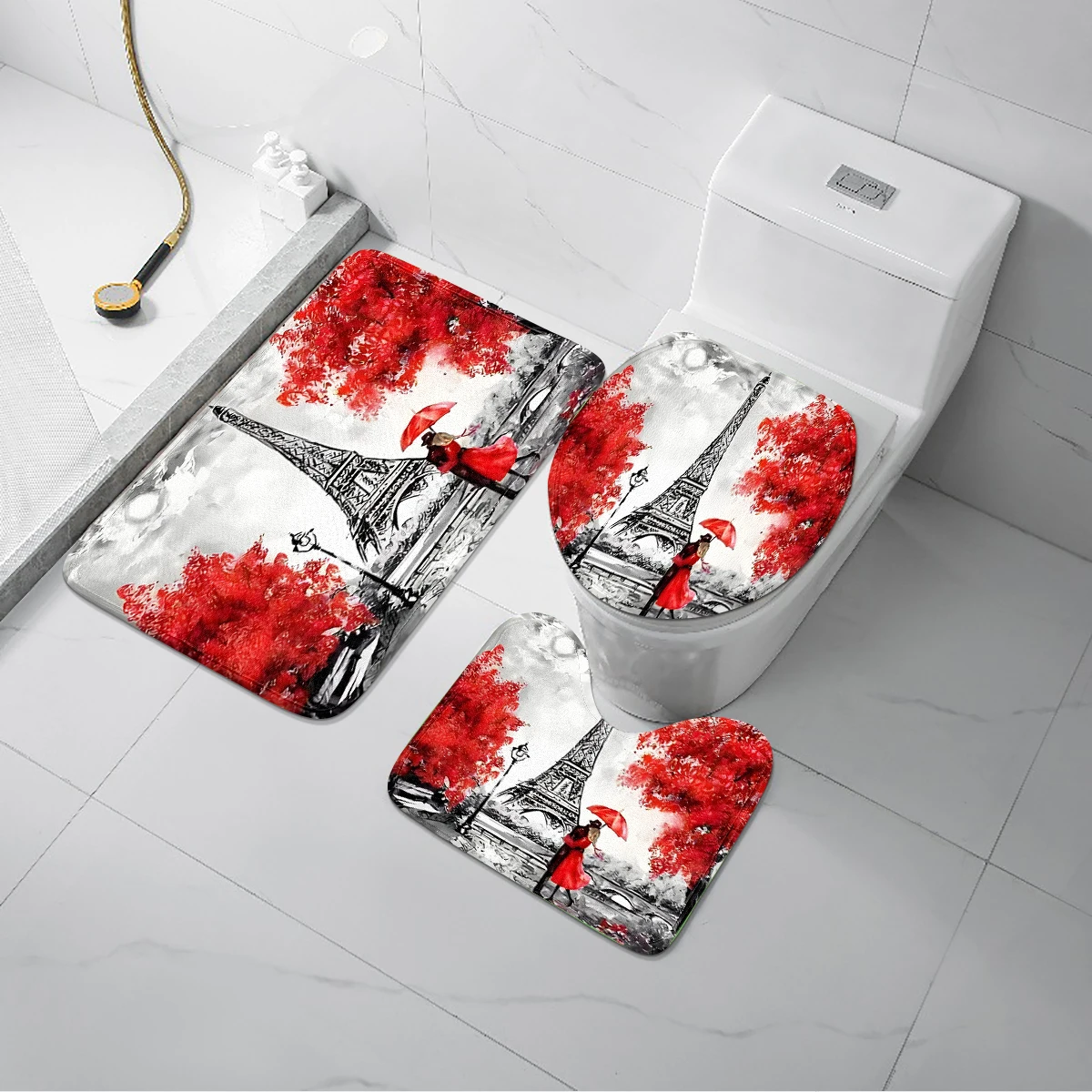 Romantic Eiffel Tower Style Bathroom Anti - slip Mat (Single Piece / 3 - Piece Set), Flannel Material, Soft and Comfortable