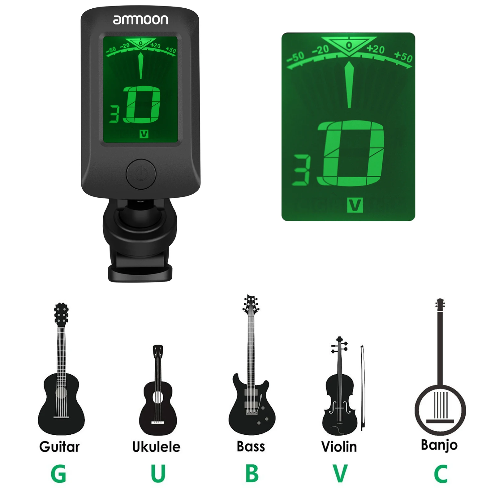 AT-07 Digital Electronic Clip-On Tuner LCD Screen for Guitar Chromatic Bass Ukulele C/ D Violin