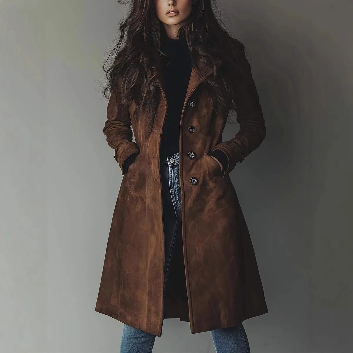 Lady Cloth Women's Fall/winter Coat, Turn-down Necklace Western Style Suede Long Trench. Coat Women's Formal Evening Gowns Party