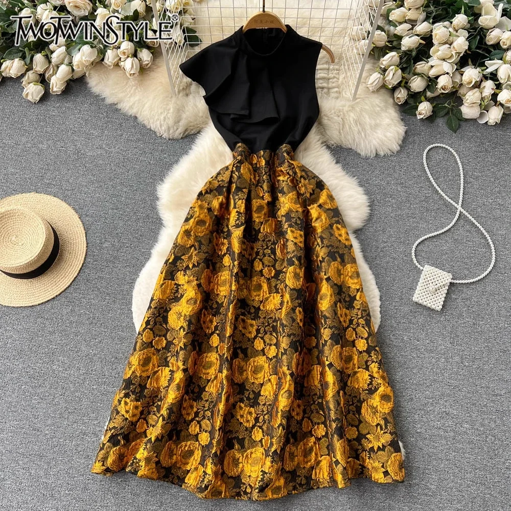 

TWOTWINSTYLE Floral Printted Chic Dress For Women O Neck Sleeveless High Waist Temperament Midi Dress Female Fashion KDR524907