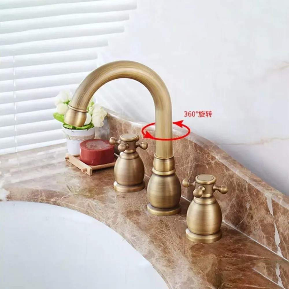 Torneira giratória para pia de banheiro, torneira de latão antigo com 3 furos, torneira misturadora anf993