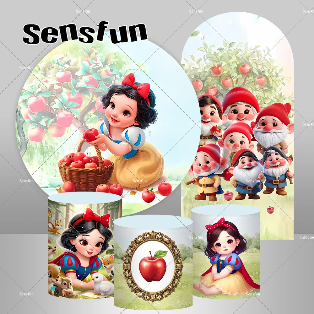 Cartoon Girls Princess Snow White Theme Round Backdrop The Seven Dwarfs Arch Backgrounds Plinth Covers Supplier