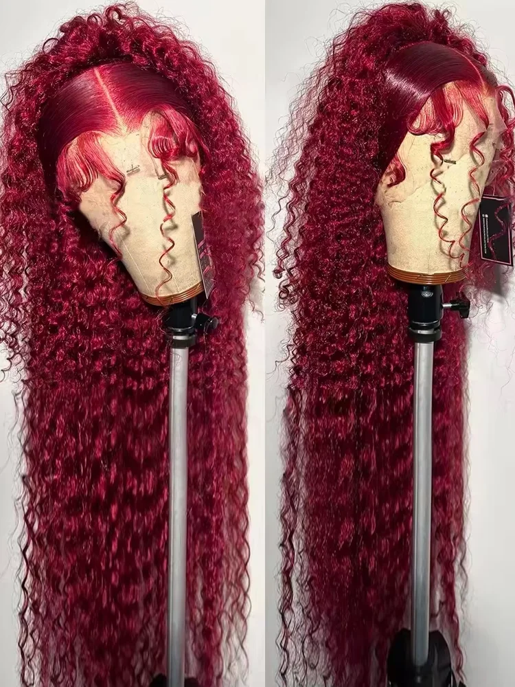 99J Burgundy 13x6 HD Lace Frontal Wig Glueless Pre plucked Colored Red Curly Human Hair Wigs 30 32 34 Inch Deep Wave Wig on Sale