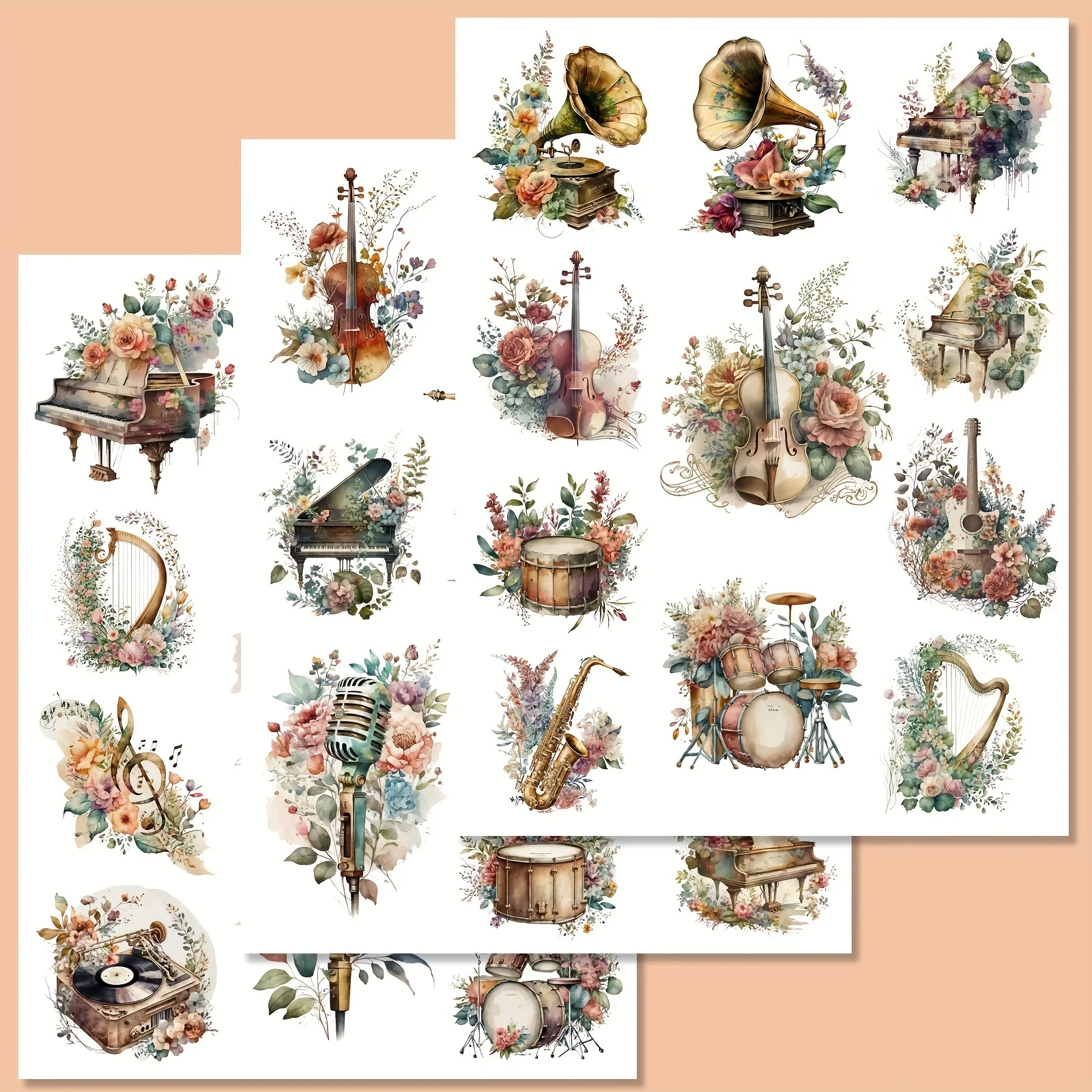 99pieces Vintage Music Theme Self-adhesive Stickers,Perfect for DIY Crafts, Scrapbooking Supplies, Journal Supplies,Water Bottle