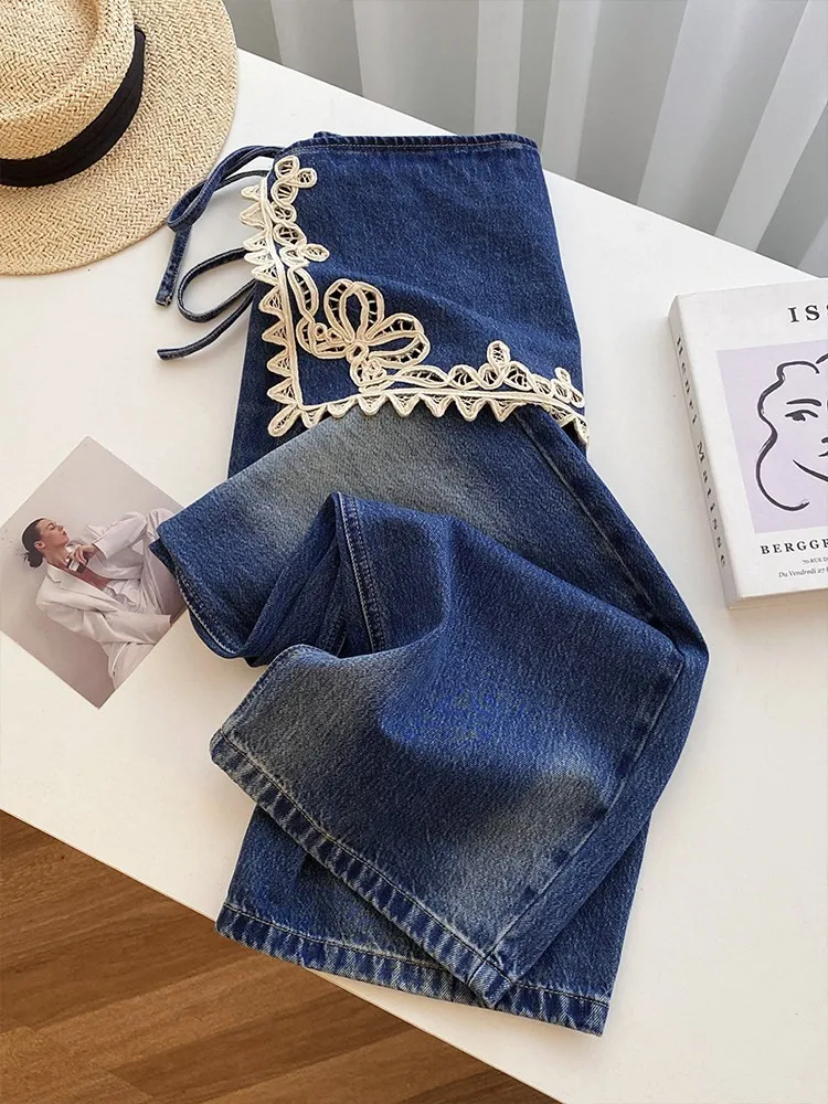Office Ladies Fake Two-piece Patchwork Embroidered Jeans High Waist American Style Streetwear Blue Denim Trousers Straight Pant