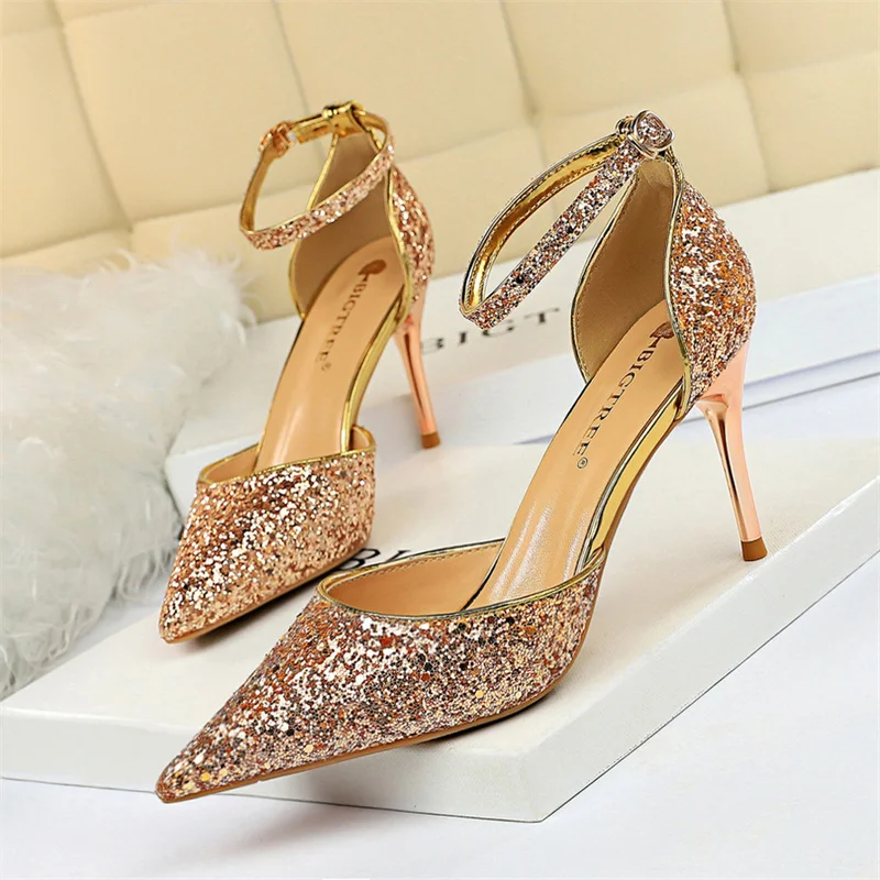 New Summer Women Pointed Toe 7.5cm 9.5cm High Heels Bling Sandals Wedding Bridal Gold Silver Sparkly Sequins Single Shoes