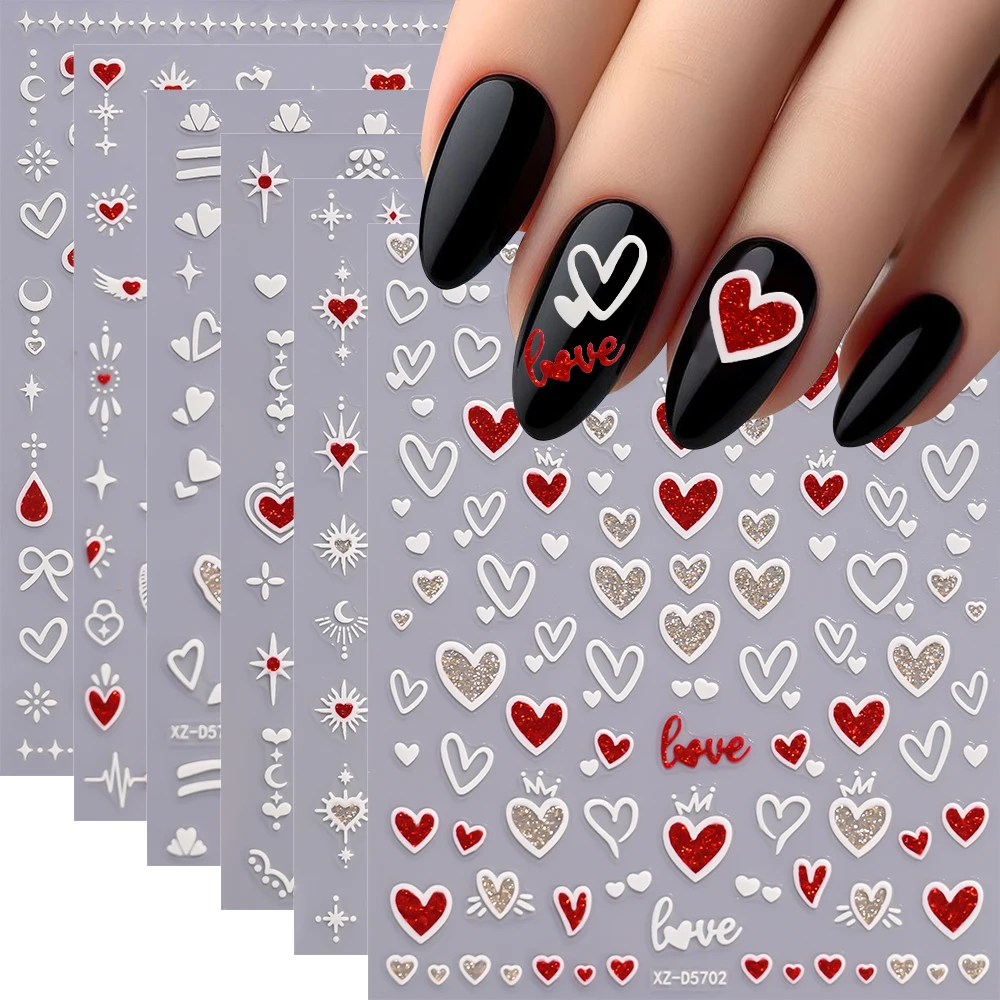 6 個 3D グリッター赤白ハートバレンタインデーネイルステッカーかわいい太陽/月/弓ネイルアートデカール 8*10 センチメートル粘着ネイルデコラ E # 5