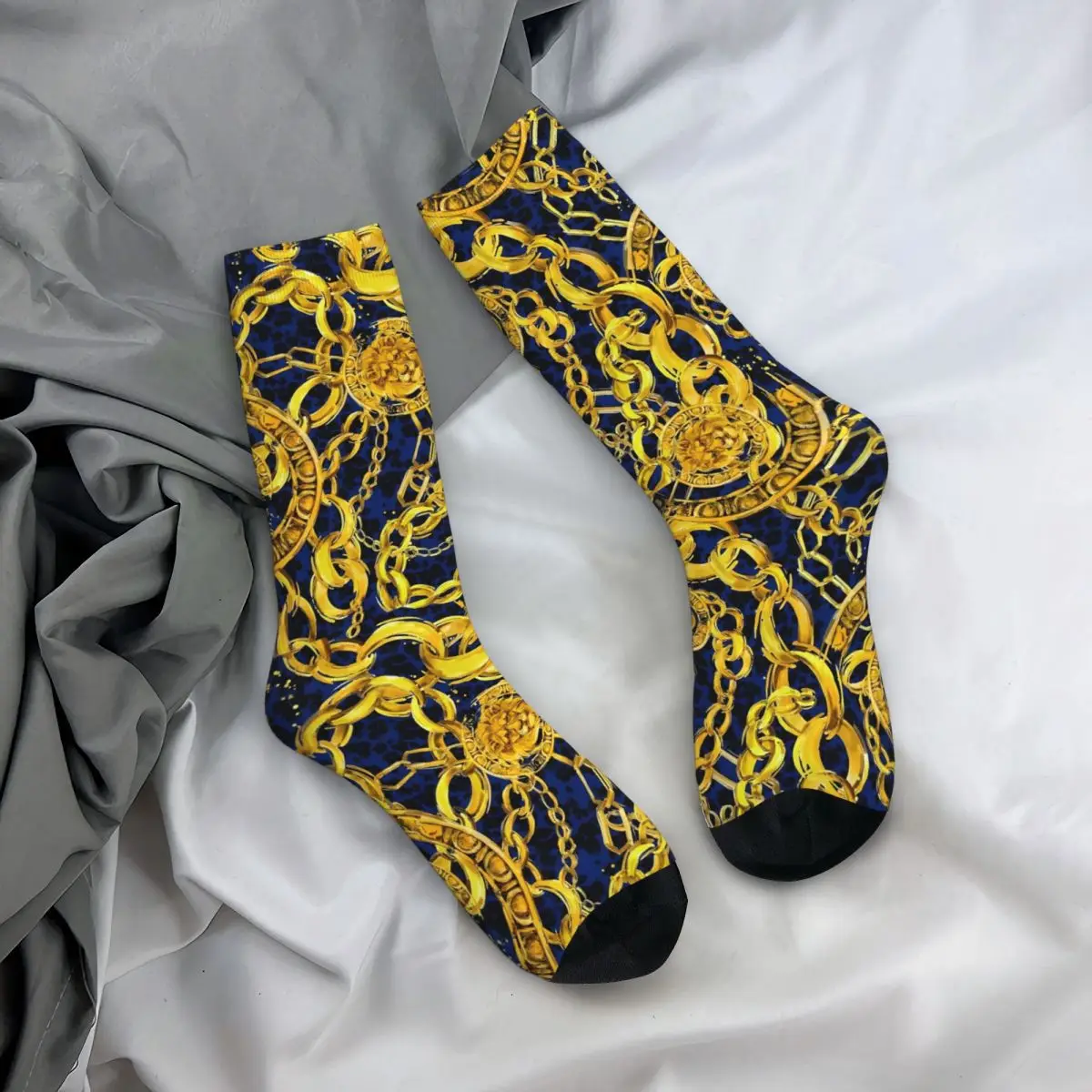 Chaussettes de basket-ball damask dorées décontractées pour femmes et hommes, chaussettes d'équipage vintage, dentelle dorée, polyester baroque, respirant