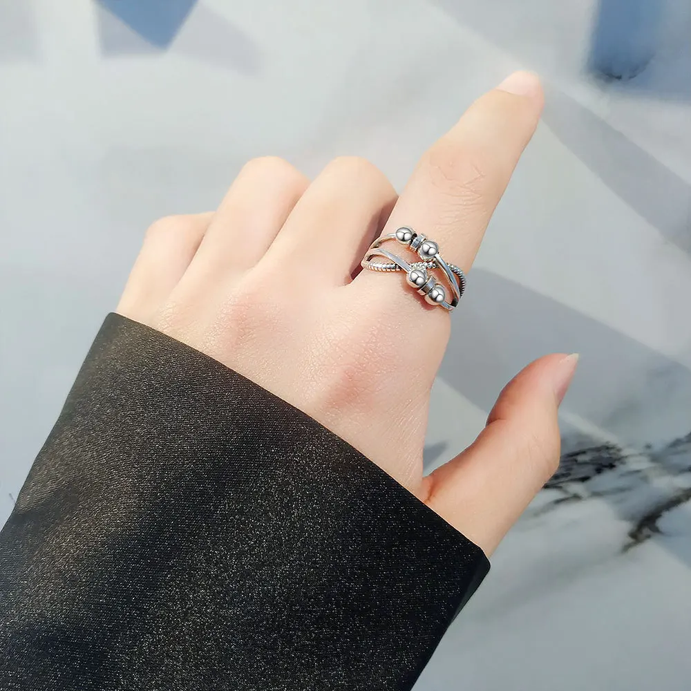 Round Bead Rotating Anxiety Luxury Woman Ring Twisted Fidget Metal Spinner Anxiety Relief Spinning Anti Stress Ring Bague Femme
