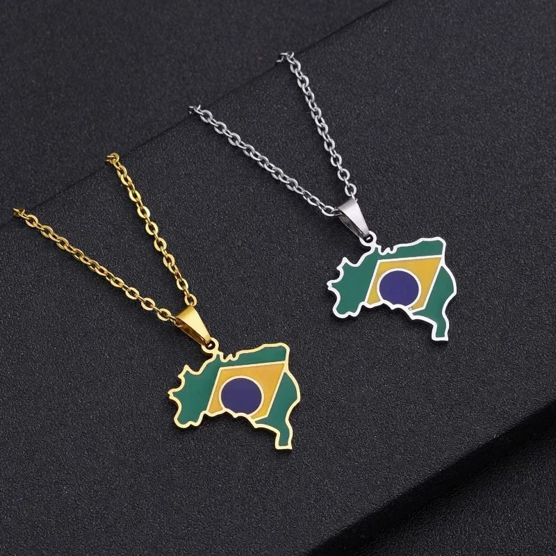 Hot Selling Stainless Steel Brazil Map Pendant Necklace Enamel Brazil Flag Necklace for Men Women