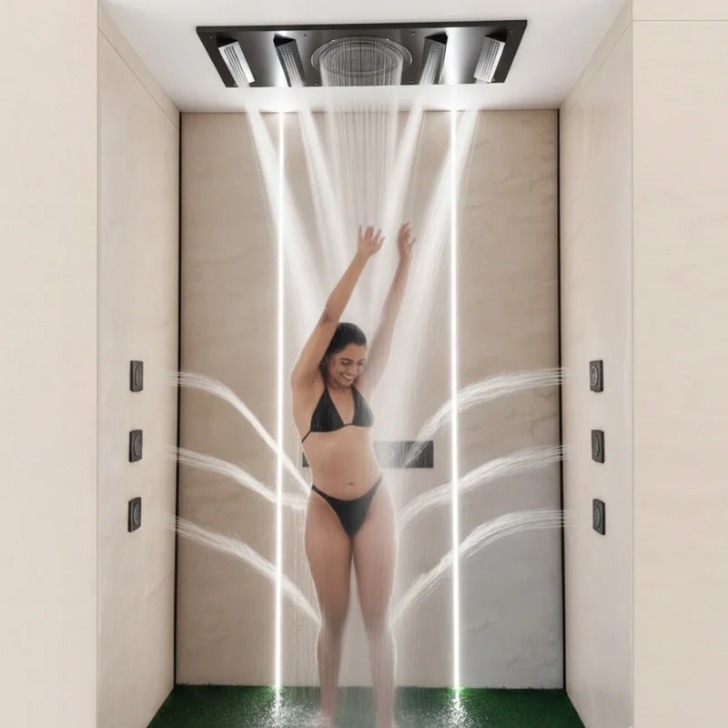 New Ceiling Rain LED Smart Thermostatic Shower System Faucet Brass Square Modern Ceramic Hotel Brushed Gold Shower Set Body Jets