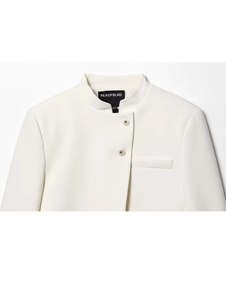 HH Women's Autumn High Street Coats White Half-High Collar Pockets Single-Breasted Female Fashion Long Sleeves Jackets  2025