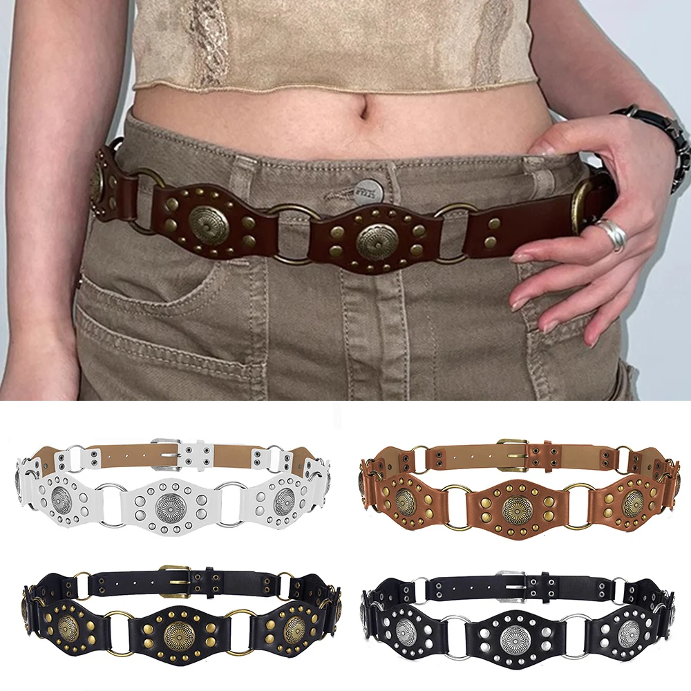 

Western Cowboy Style Waistband Metal Buckle PU Leather Belt Women Retro Rivet Decoration Denim Jeans Needle Buckle Wide Belt