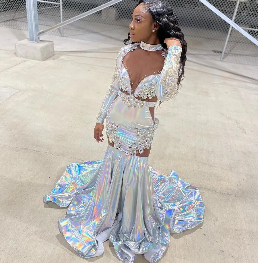 Silver Long Mermaid Prom Dress for Women Sparkly Diamond Crystal Long Sleeve Birthday Gown vestido para fiestasblack girl