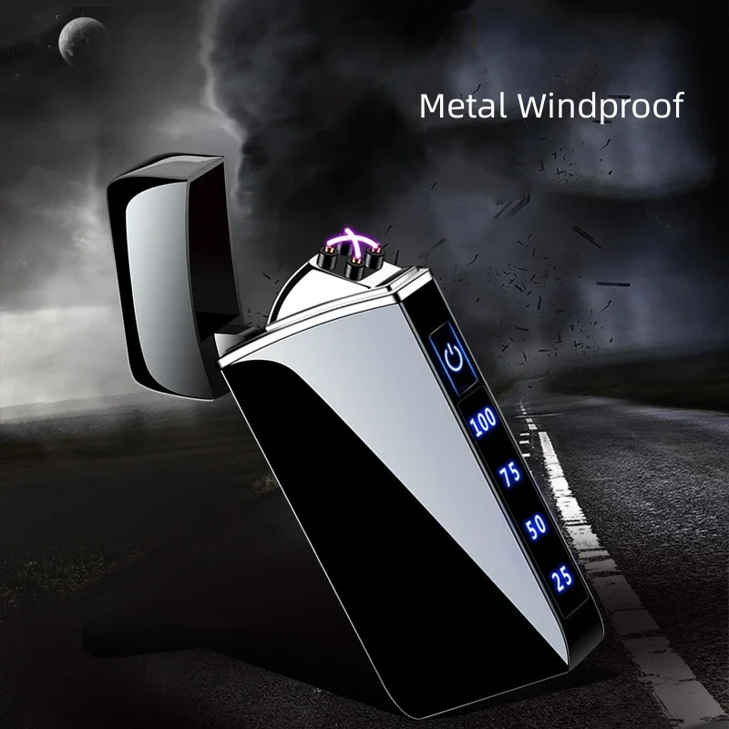 Metal Electric Windproof Double Arc Pulse Flameless Lighter Plasma USB Charging Lighter Touch Sensing Digital Power Display Blue