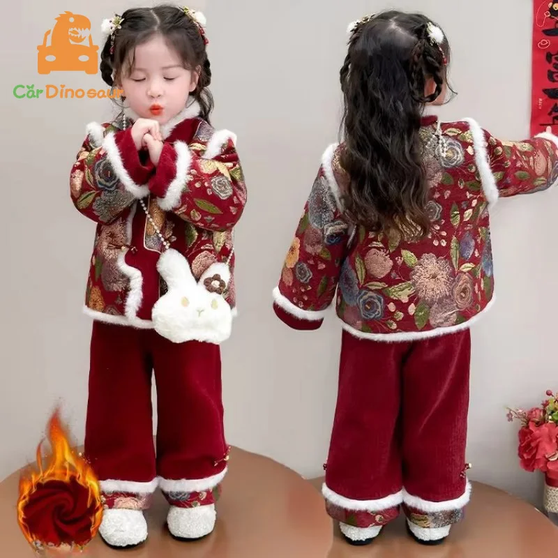 2025 Winter 2-10Years Child Tangsuit Traditional New Year Customes Kids Thicken Warm Coat+Wide Leg Pants With Bags 3 Pcs Outfits
