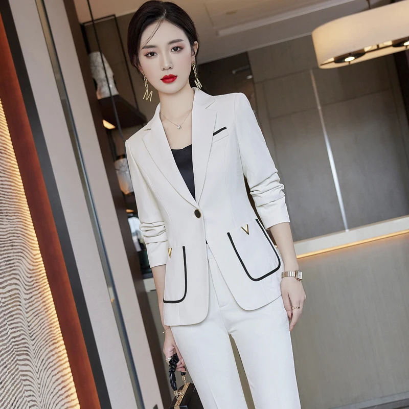 Women's Retro Color Contrasting Edging Blazer Straight Leg Pants Set Commuting Solid Single Breasted Suit Pants Two-piece Set