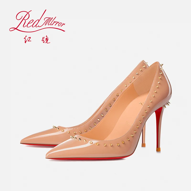 

Red soled nude high heels, rivet pointed sexy temperament, socialite, small stature, shallow mouth, thin heeled shoes