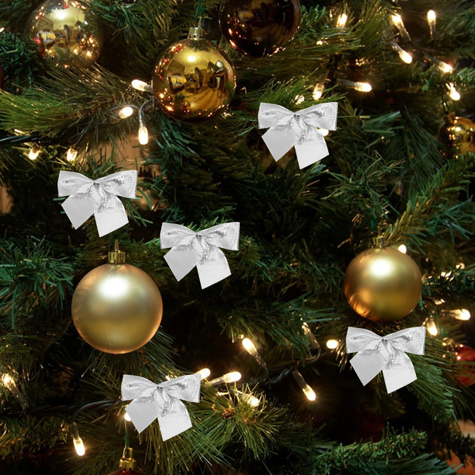 

12 Pcs Christmas Tree Ornaments Holiday Home Decor Silver Bow Decorations Gadgets Bows
