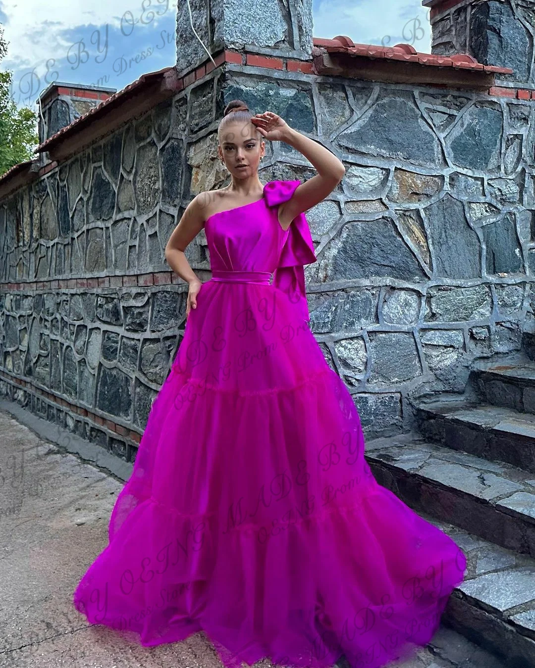 OEING Fuchsia Tiered Evening Dresses Bow Spaghetti Strap Prom Gowns Floor Length Vestidos De Fiesta For Foamal Party Dress 2024