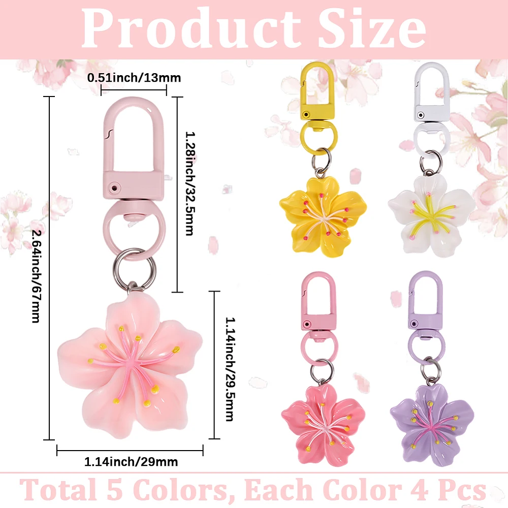 1 Box 20Pcs 5 Colors Resin Flower Key Chains Cherry Blossom Key Chains Aesthetic Cute Bags Charms Car Keyring with Iron Swivel