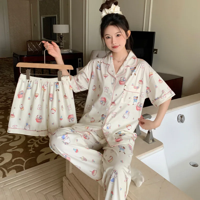 3Pcs Sanrio Long Shorts Pajamas Hello Kitty Melody Kuromi Kawaii Short Sleeved Loose Sleepwear Pajamas Sets Short Clothes Gift