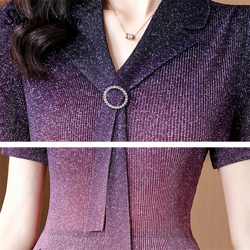 Women's Chic Soft Short Sleeve Party Dress, Elegant V-Neck, Bow Gradient Purple, Summer, Female Robe, Lady Dresses, High Quality