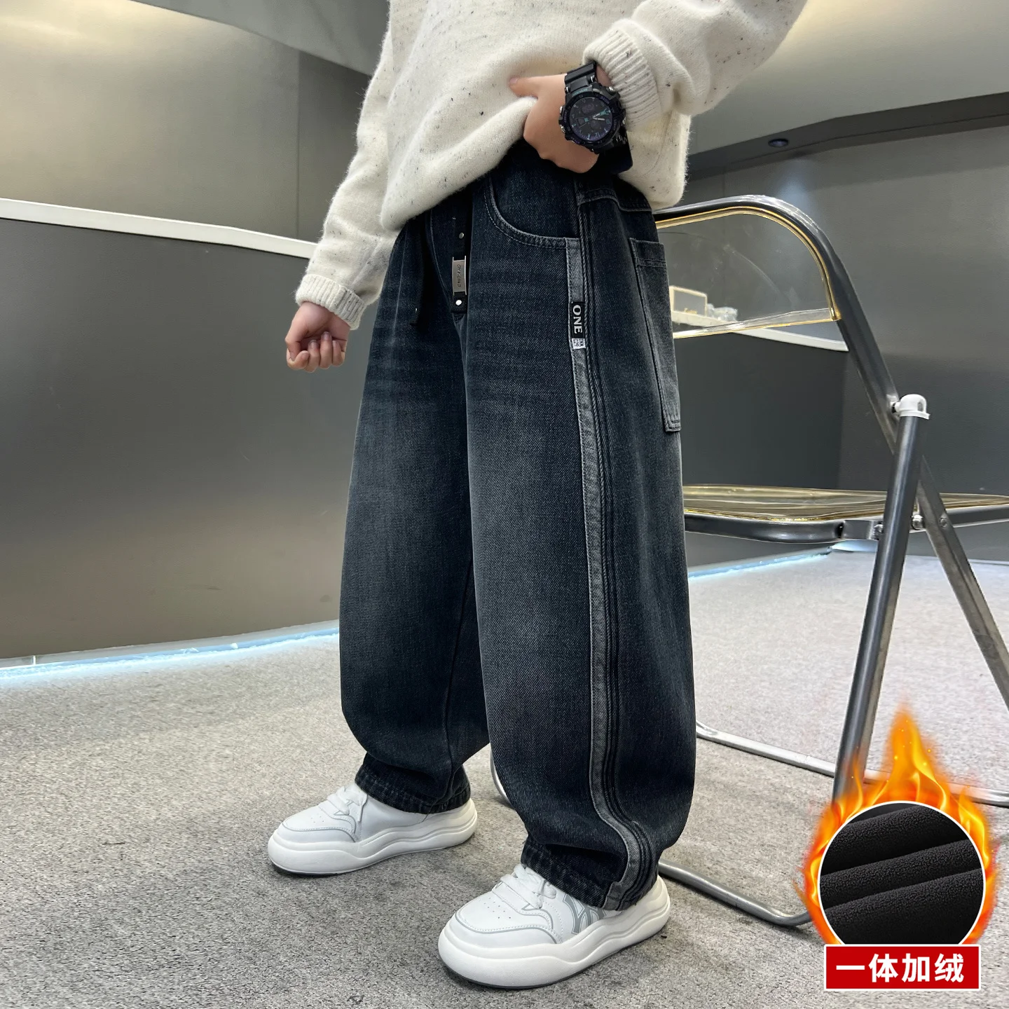 الأولاد الجينز الدافئة للأطفال السراويل الاطفال ملابس جديدة السراويل فضفاضة الشتاء/الخريف الملابس المراهقين جينز معزول غير رسمي 4-14Y